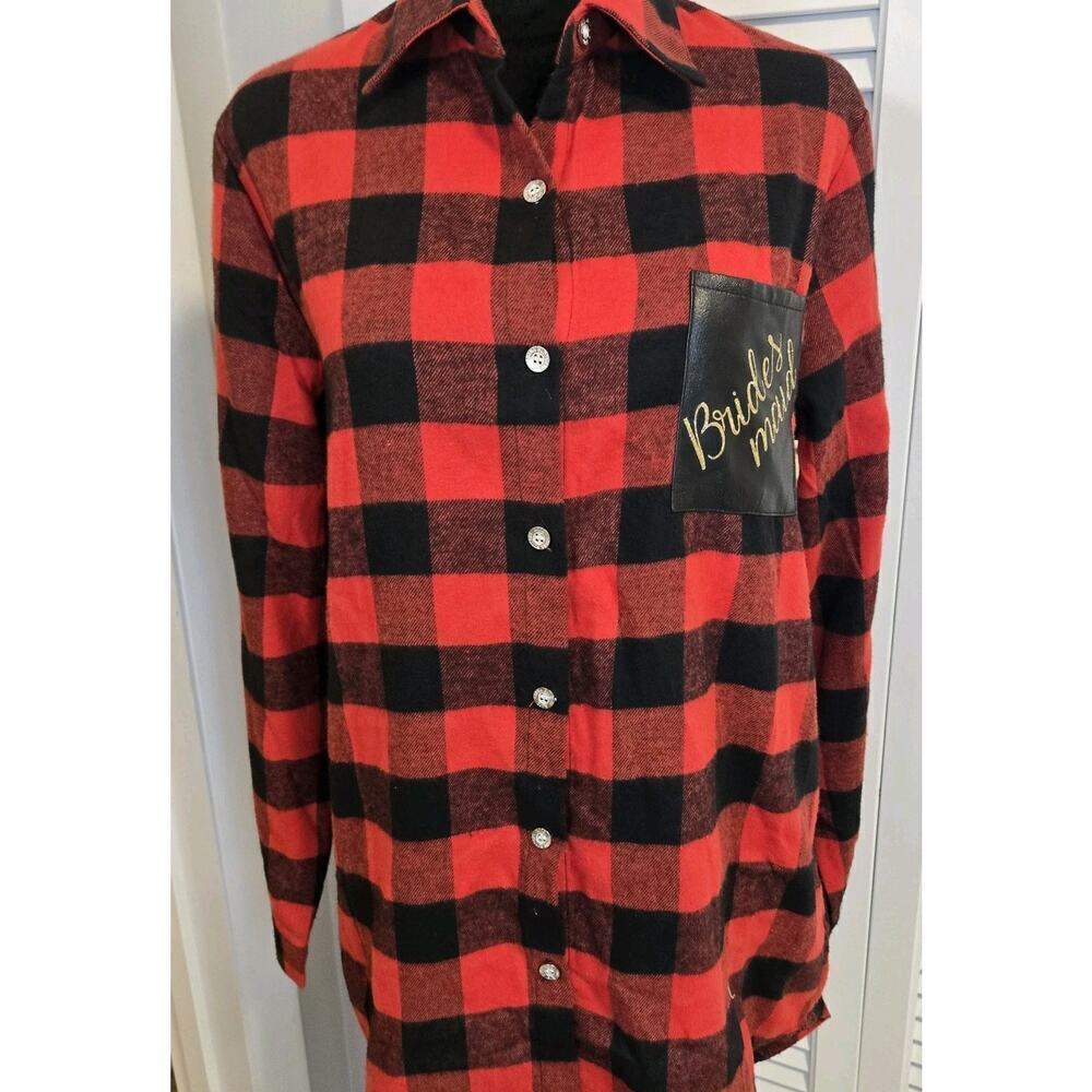 Upcycled Red Buffalo Plaid BRIDESMAID Button Flannel MED Long Wedding Party - Picture 2 of 8